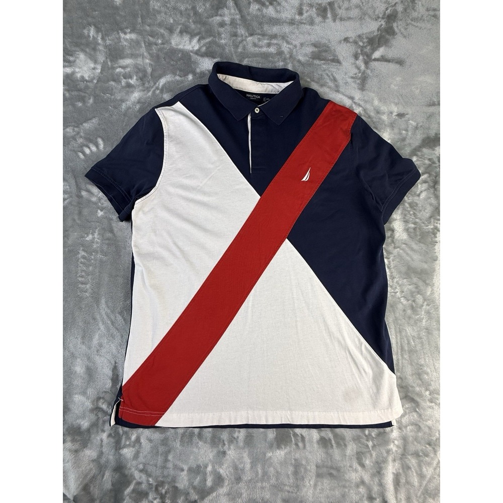 Nautica Classic Fit Diagonal Color Block Polo Shirt Red White Blue XXL
